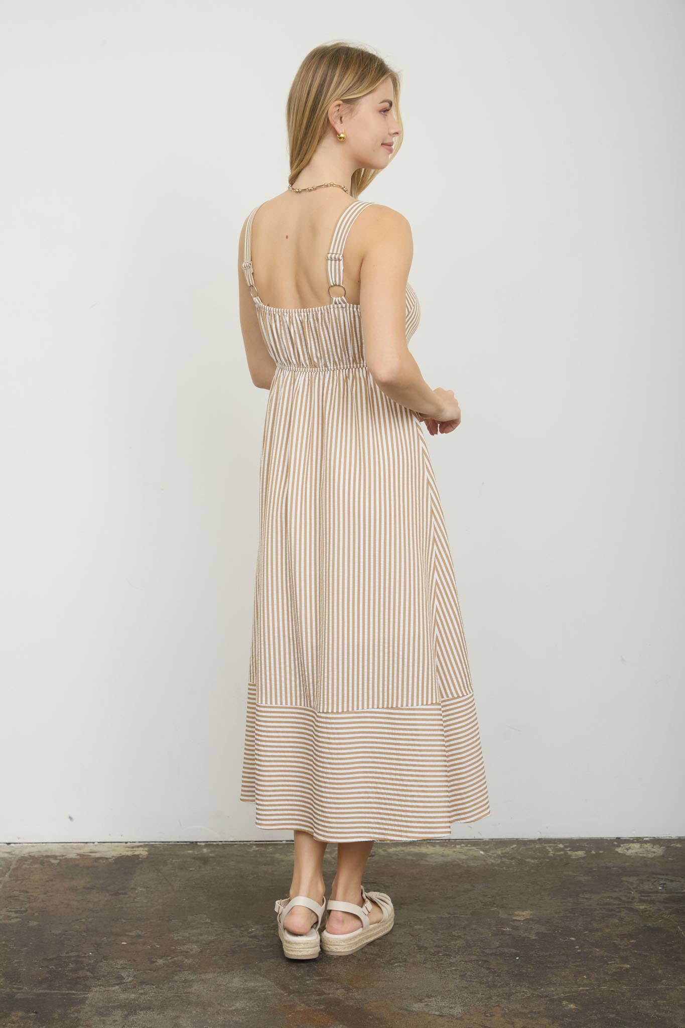KHAKI STRIPE SWEETHEART BUTTON DOWN MIDI DRESS