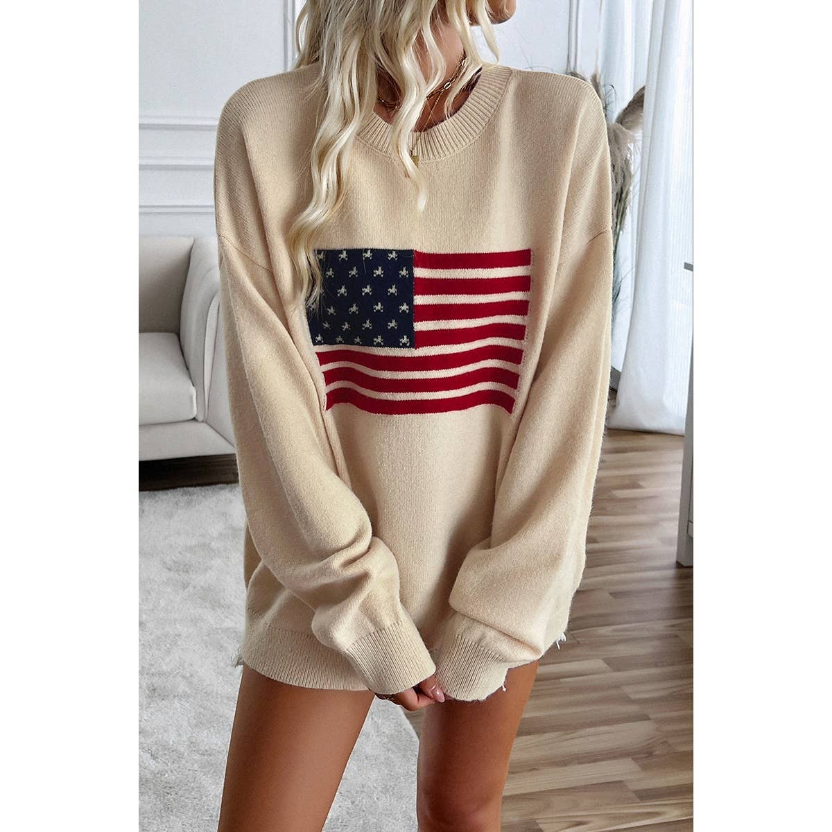 Beige USA Knit Loose Fit Sweater