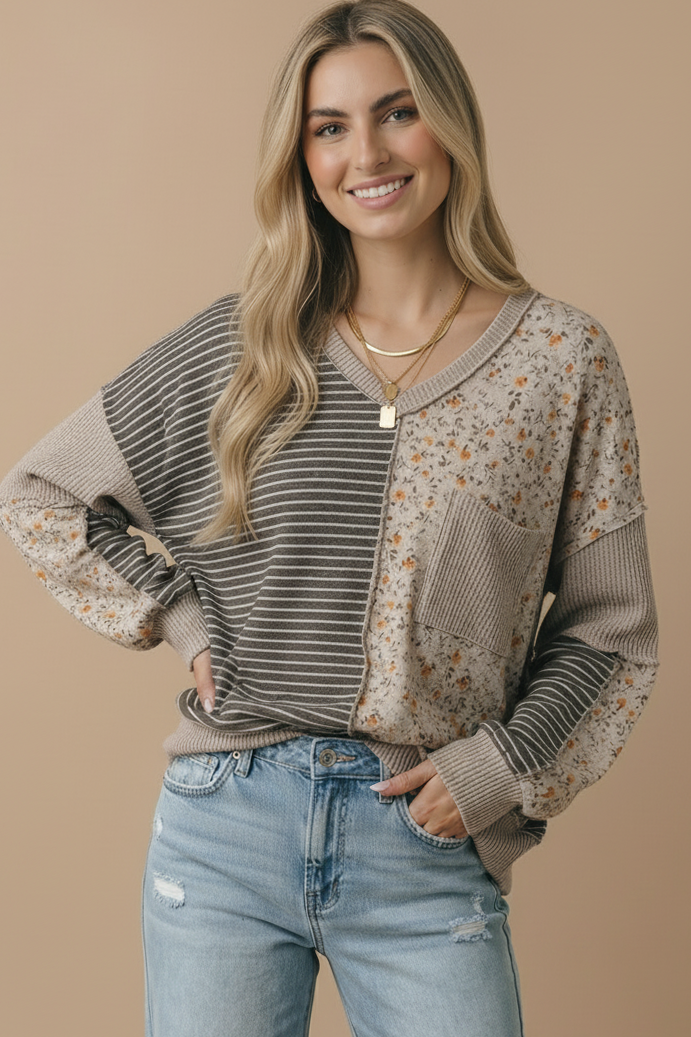 V Neck Color Block Outseam Top