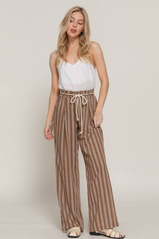 Brown Rope Belted Stripe Poolside Pants