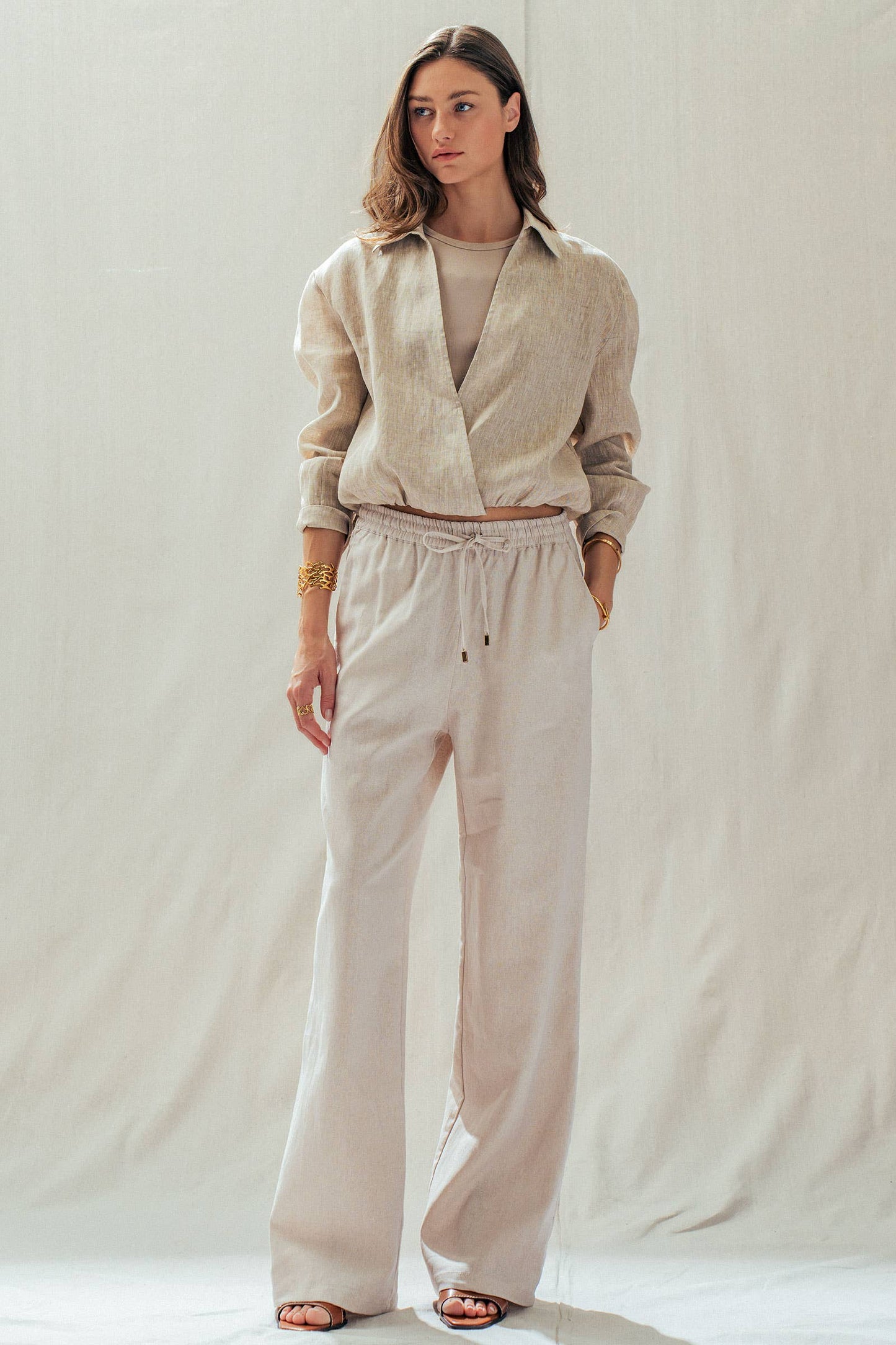 Natural Linen Blend Wide Leg Drawstring Pants