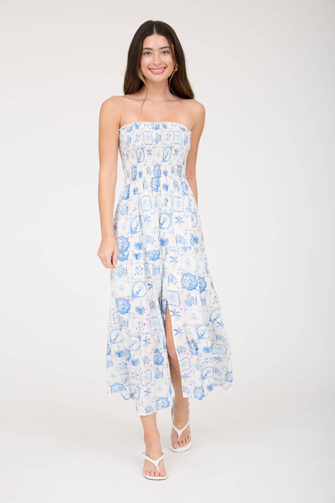 Light Blue Plant Aesthetic Strapless Midi Dress