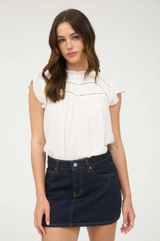 WHITE LACE TRIM RUFFLE BLOUSE