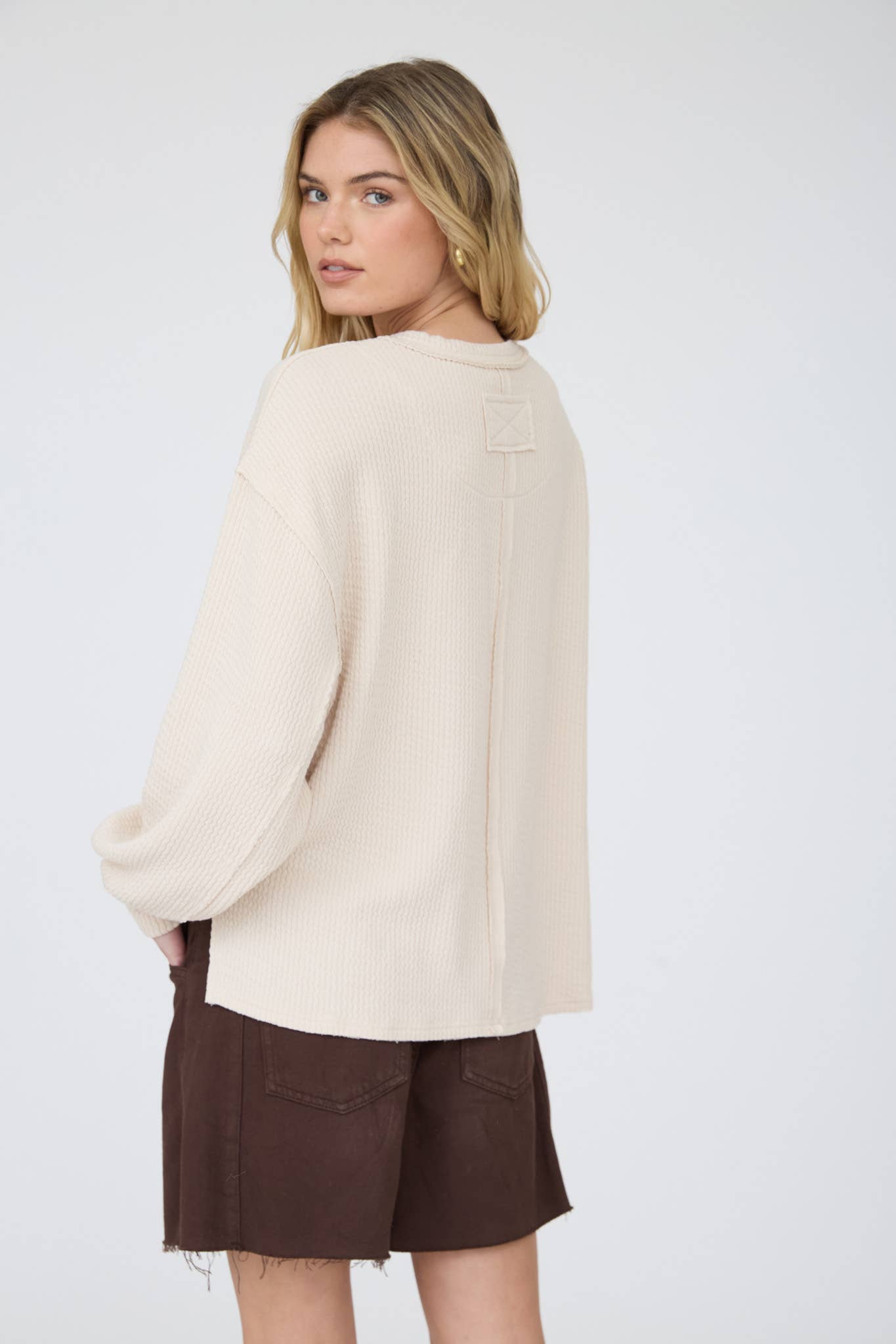 Natural - Textured Exposed Seam Oversized Knit Top