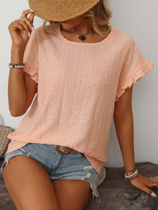 Coral Crew Neck Ruffle Sleeve Top