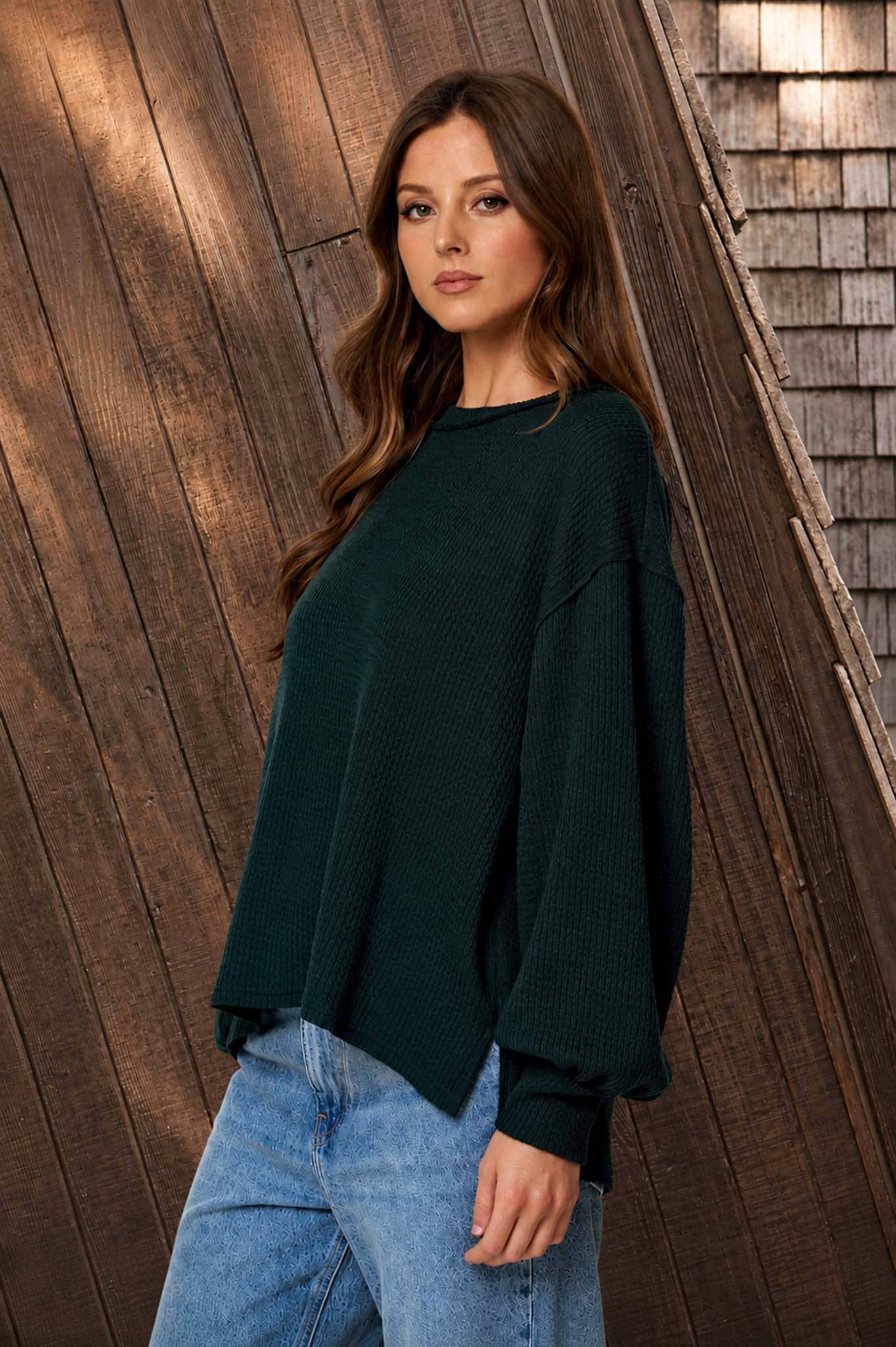 Hunter Green - Textured Exposed Seam Oversized Knit Top