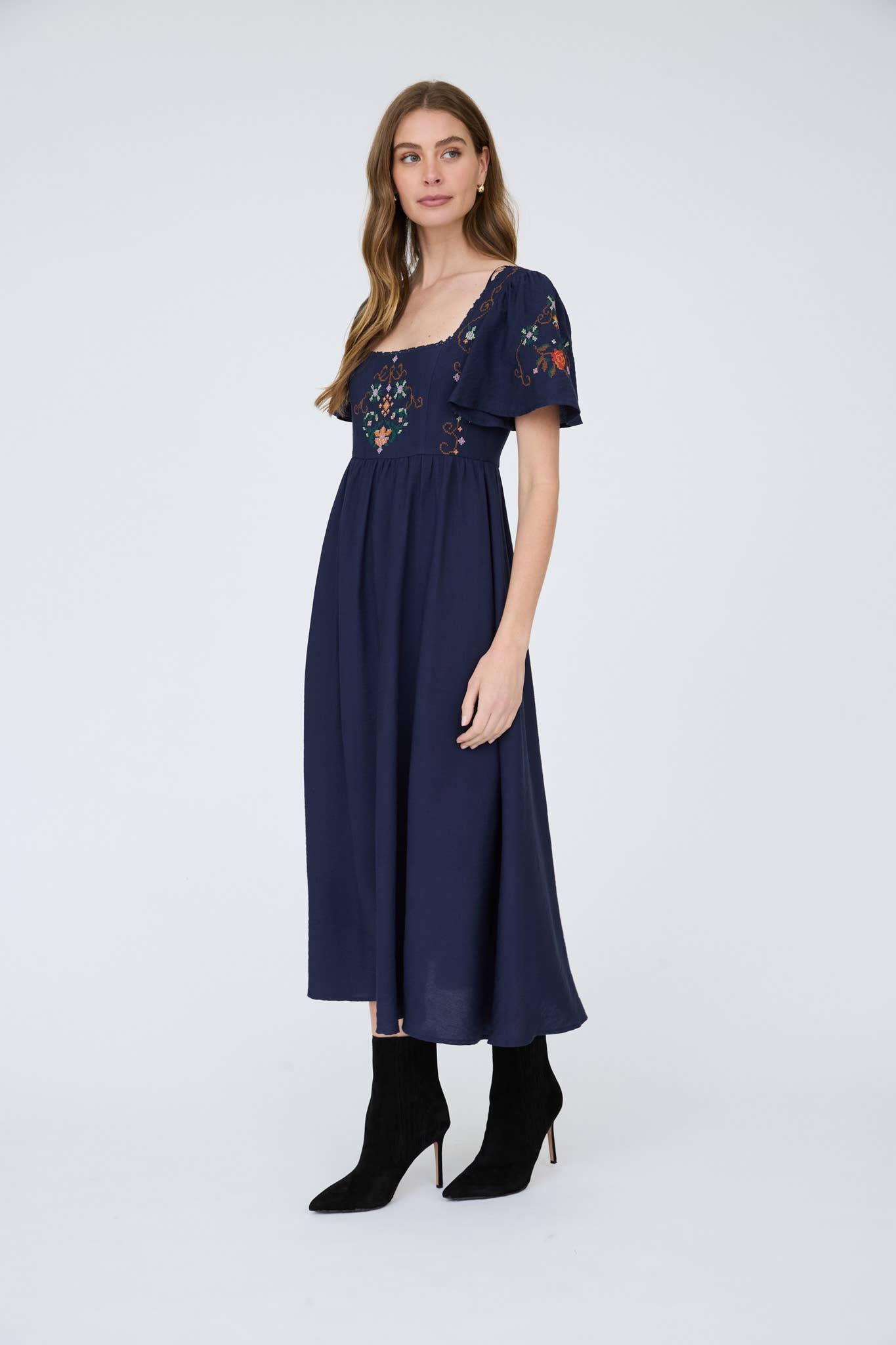 Chocolate Brown Embroidered Bell Sleeve Midi Dress