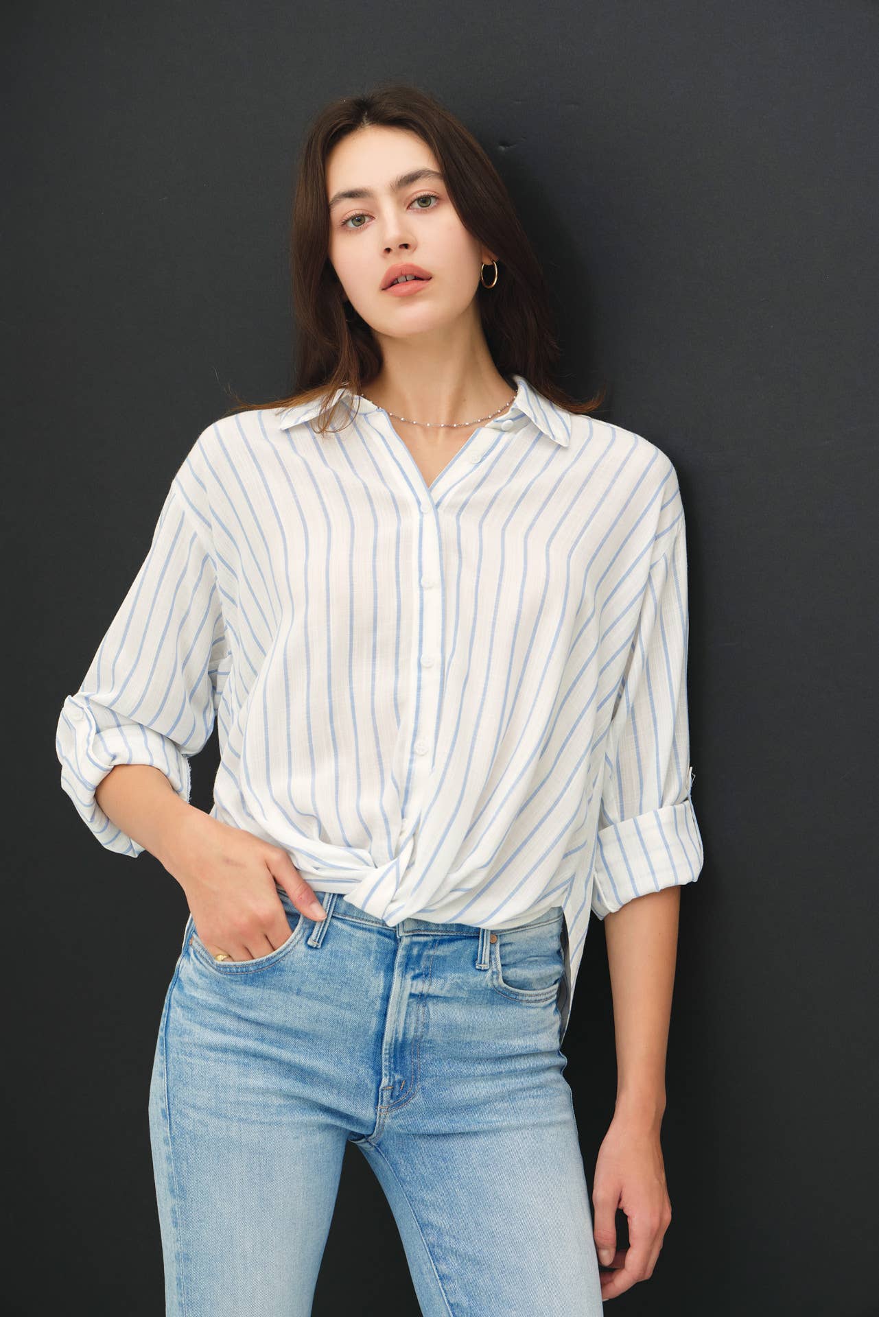CHAMBRAY STRIPED LONG SLEEVE SHIRT W TWIST BOTTOM