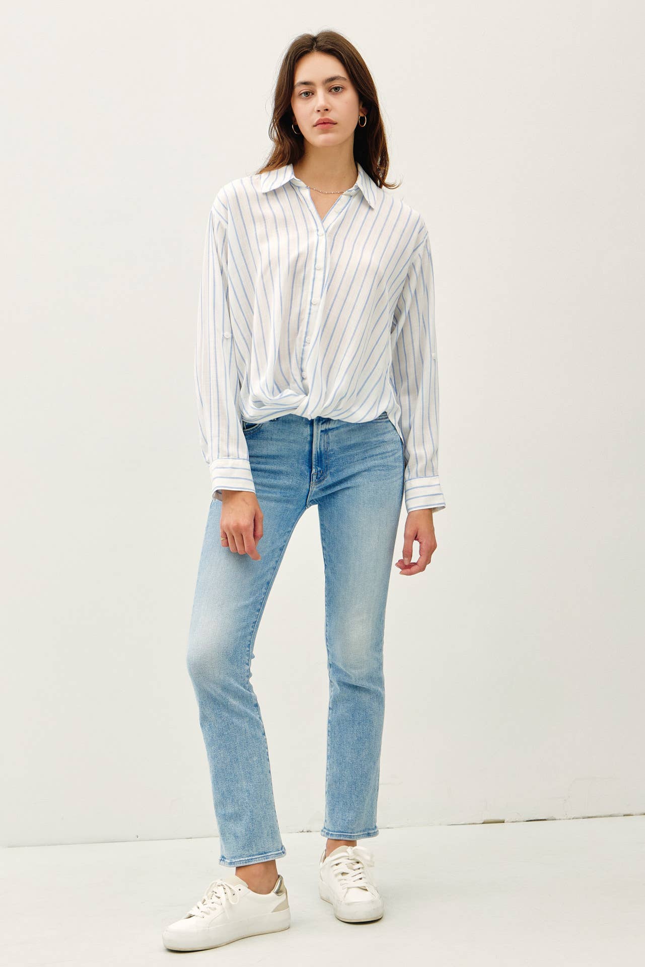 CHAMBRAY STRIPED LONG SLEEVE SHIRT W TWIST BOTTOM