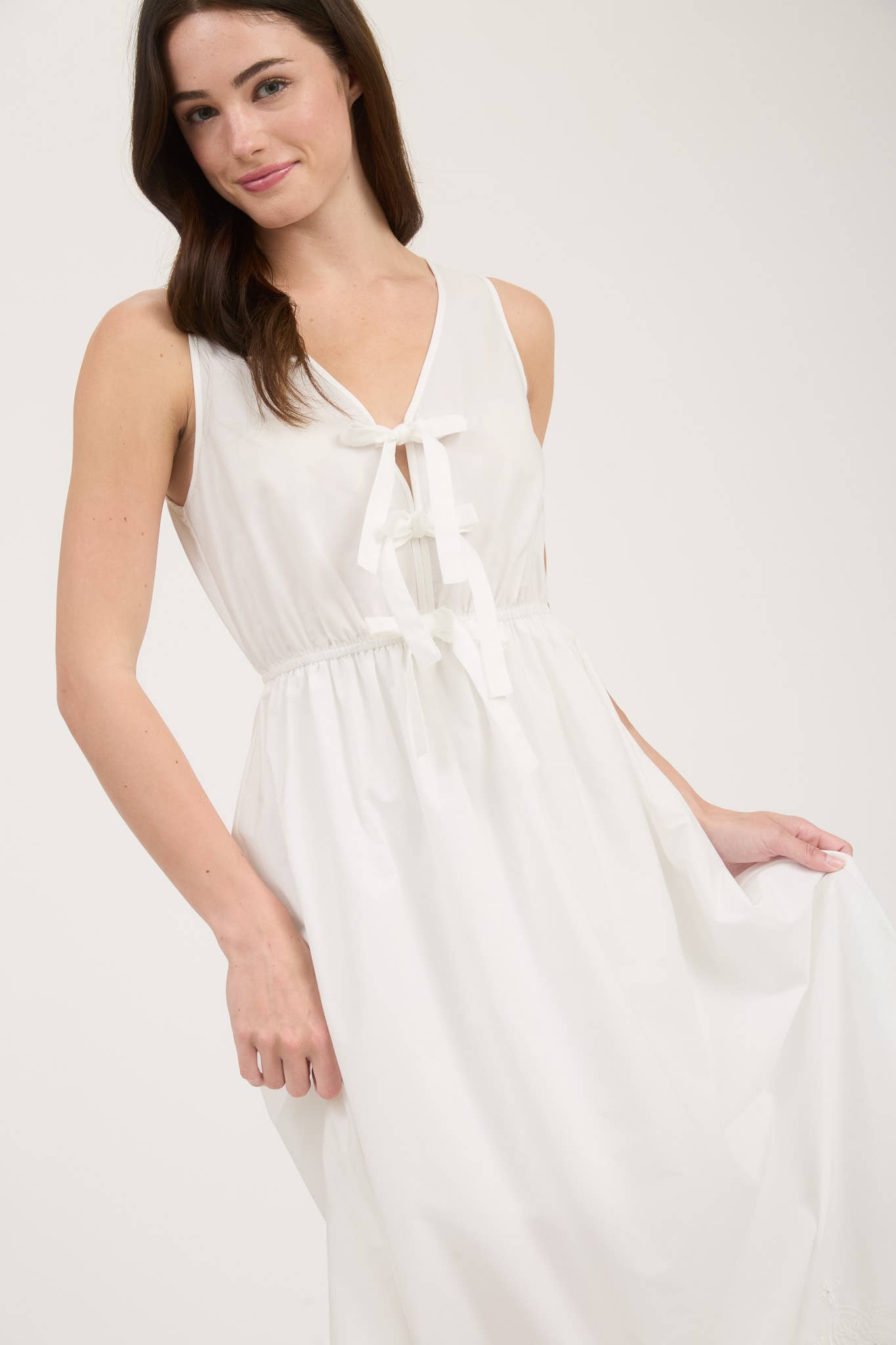 Navy Front Bow Tie Eyelet Hem Dress