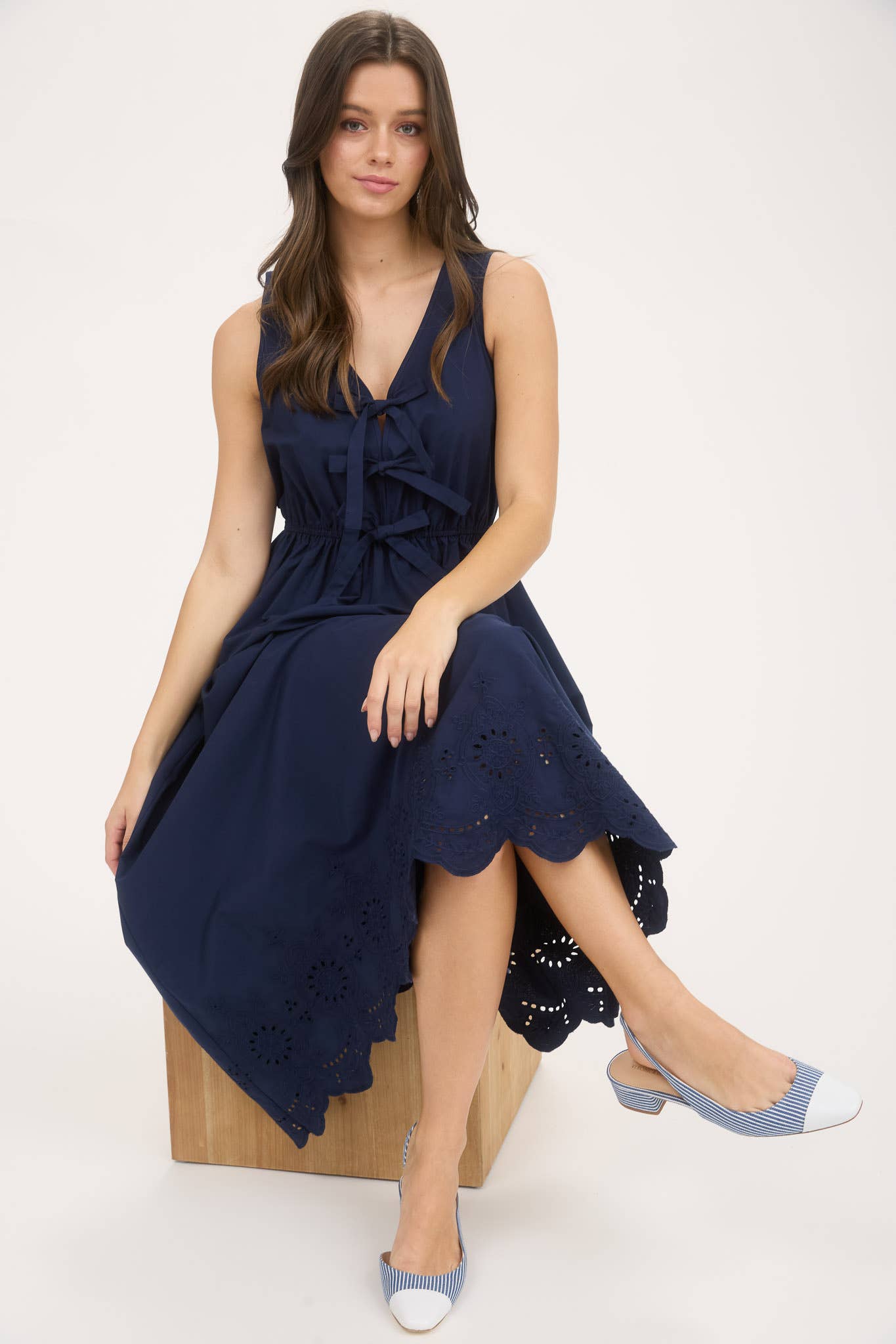 Navy Front Bow Tie Eyelet Hem Dress