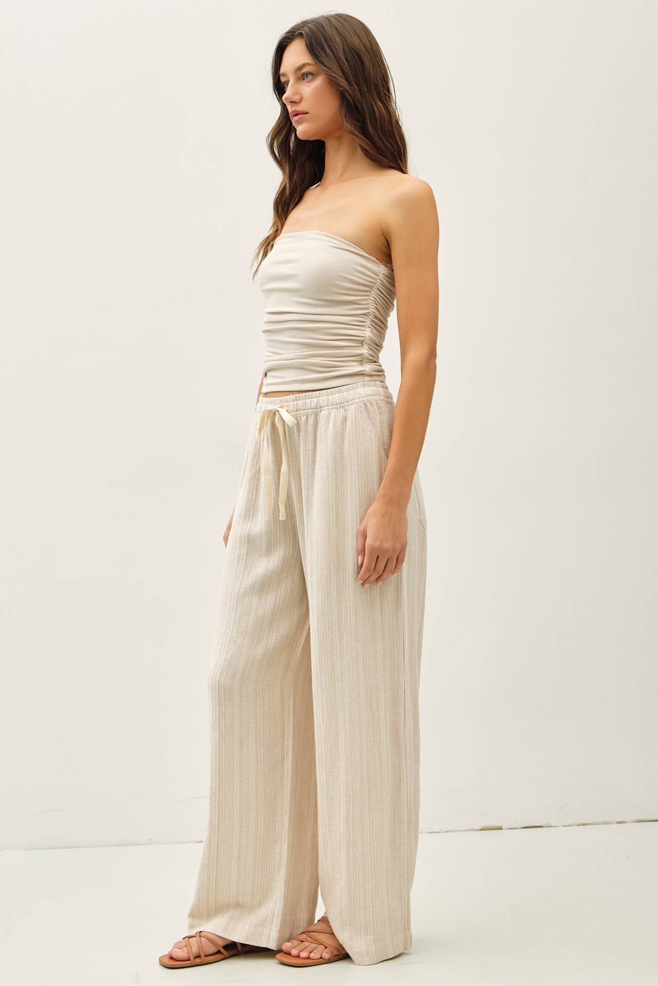 Natural Striped Linen Wide Leg Pants