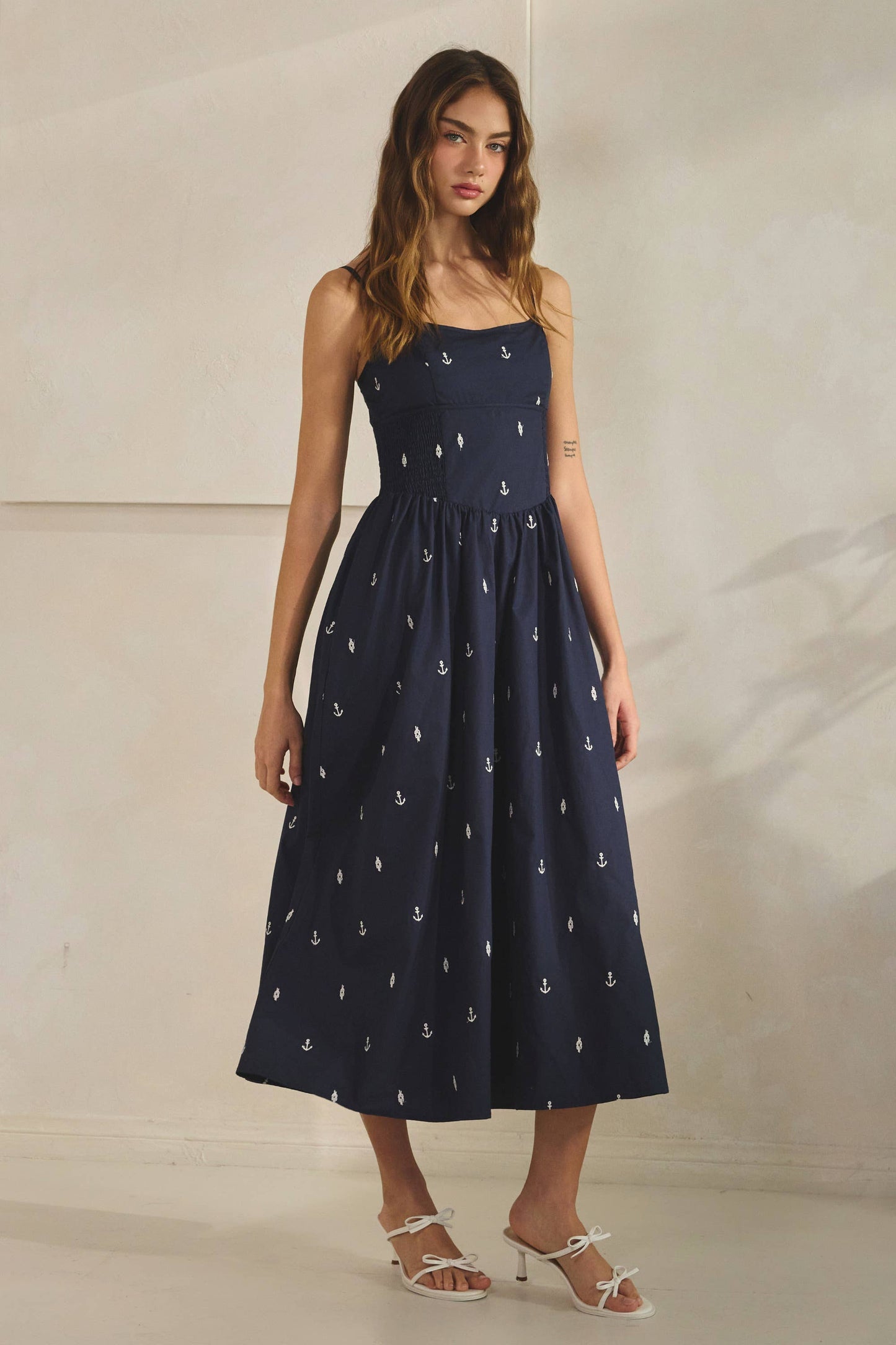 Embroidered Anchor Smocked Maxi Dress