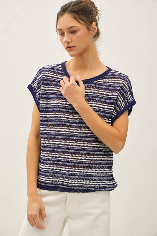 Navy Striped Crochet Top