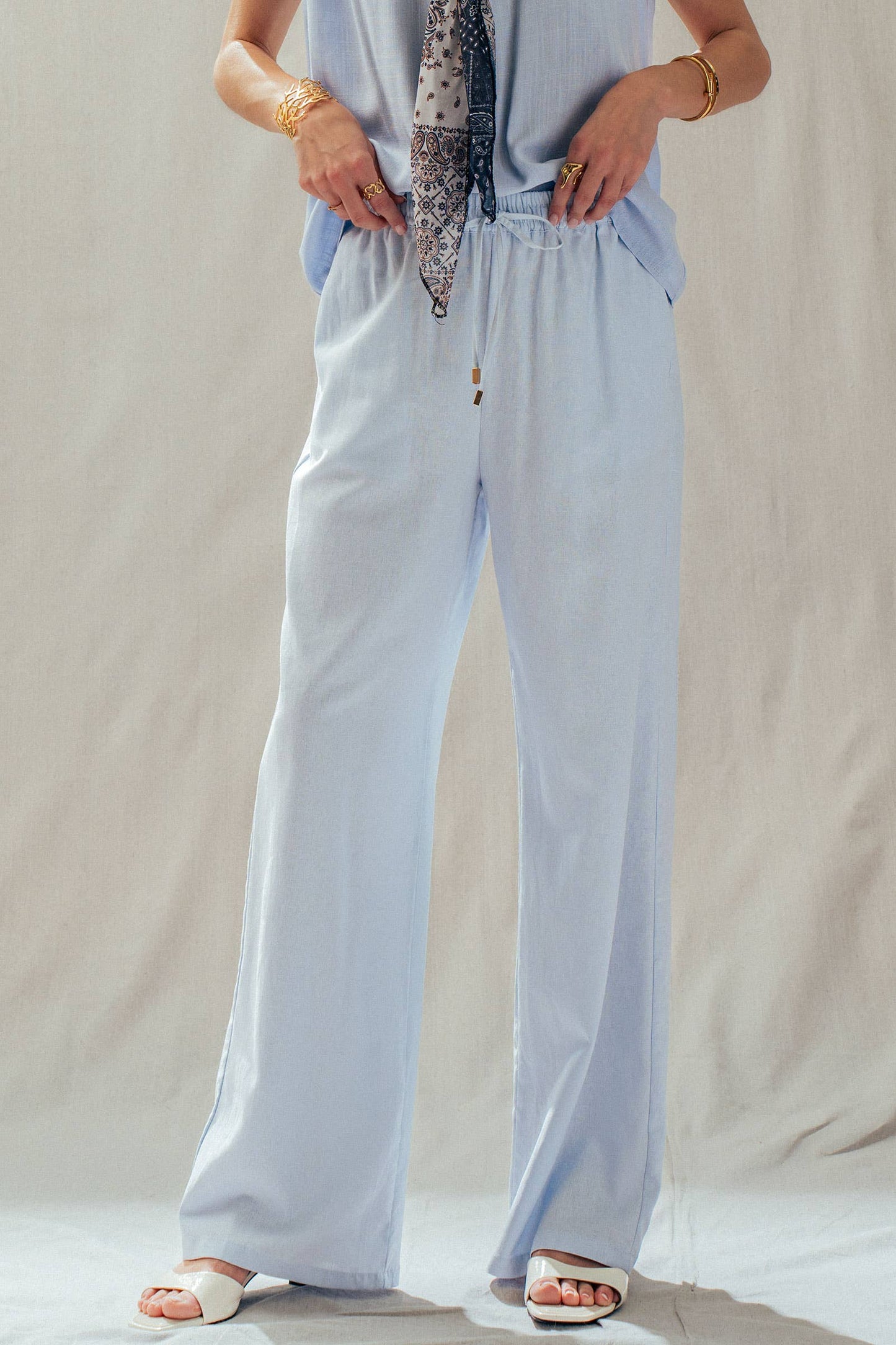Blue Linen Blend Wide Leg Drawstring Pants
