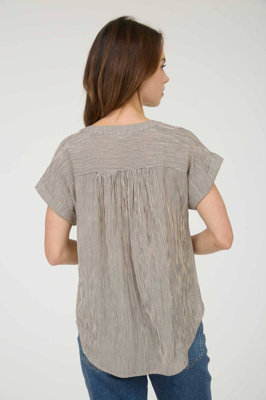 Champagne Striped Cuffed Short Sleeve Button Down Top