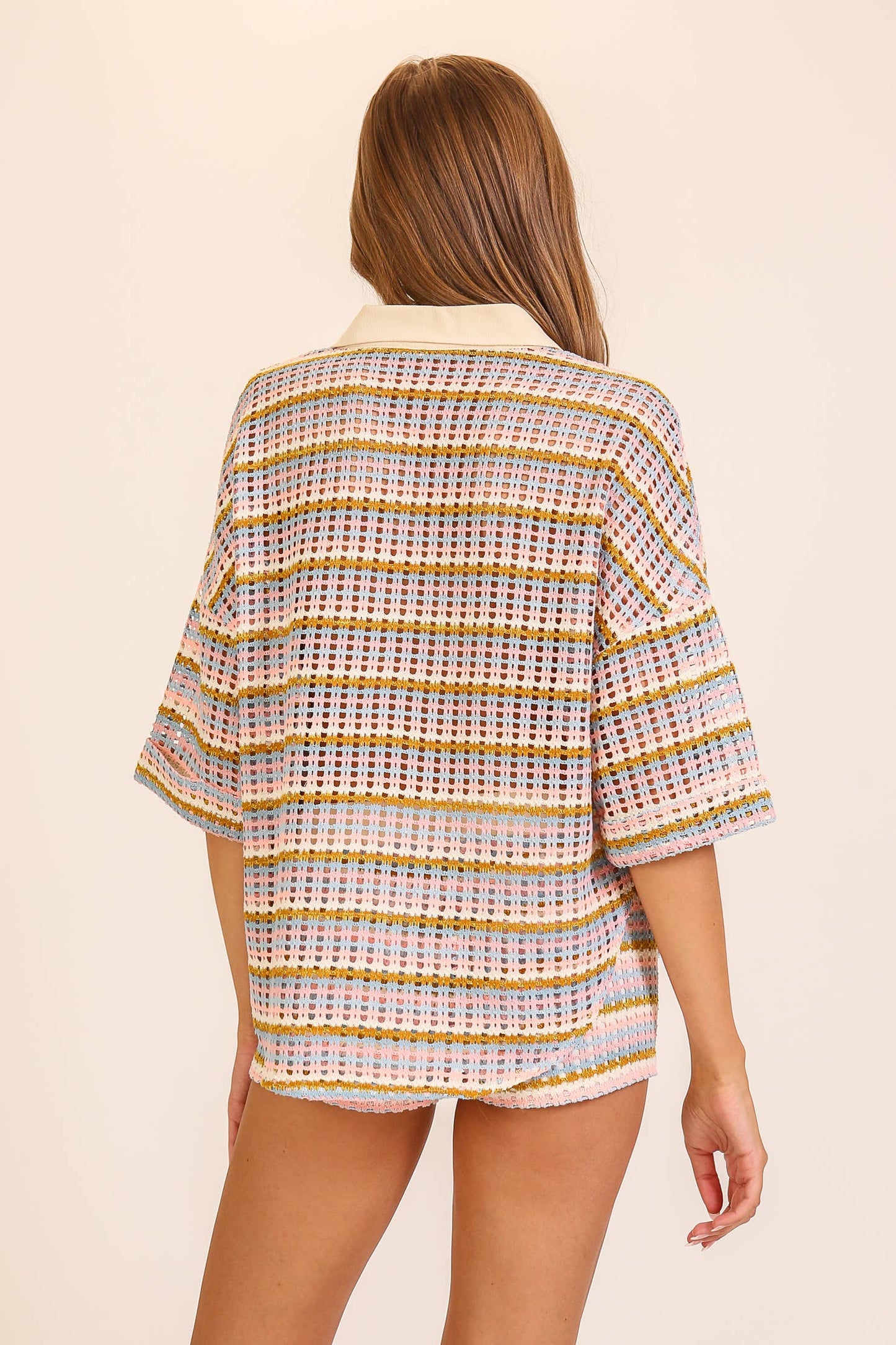 Striped Open-Knit Button Up Short Set