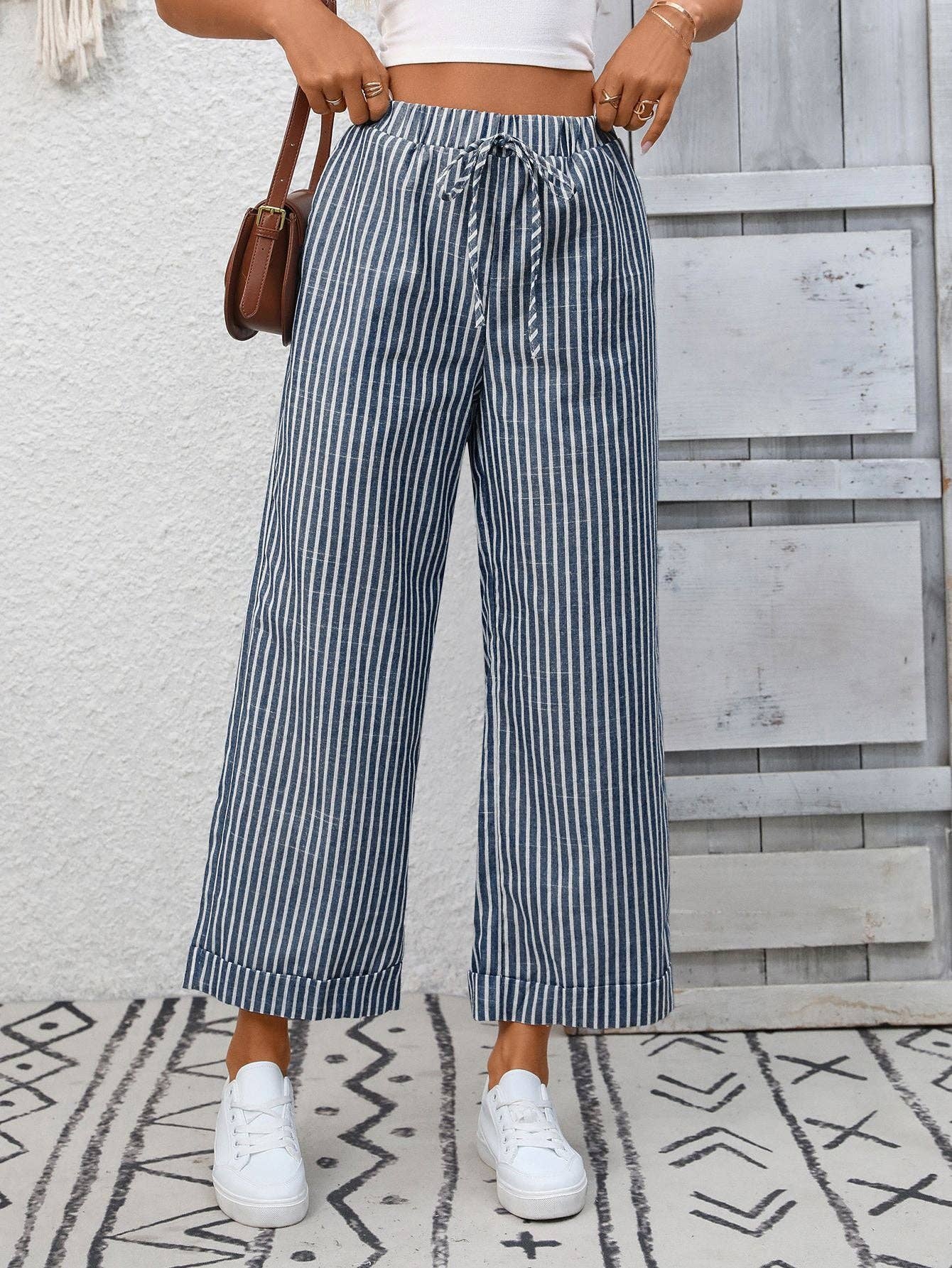 Navy Striped Wide Leg Pants