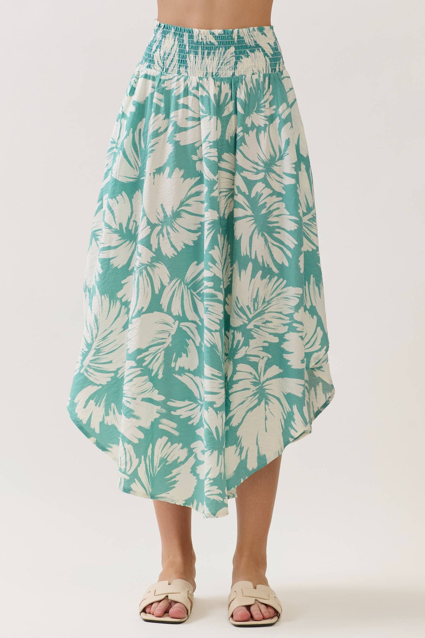 Sage Green Floral Waist Smocked Round Bottom Midi Skirt