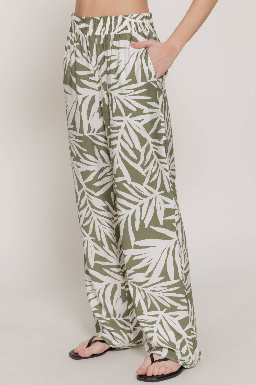 Olive Leaf Elastic Band Pants