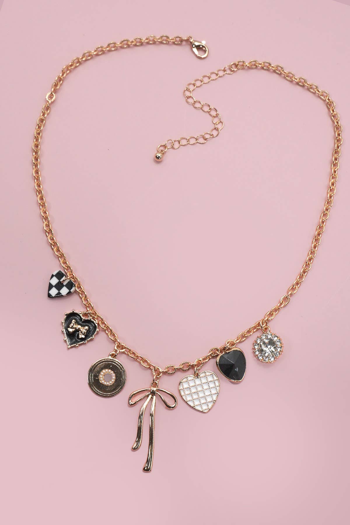 BOW CHECKER RHINESTONE CHARM NECKLACE