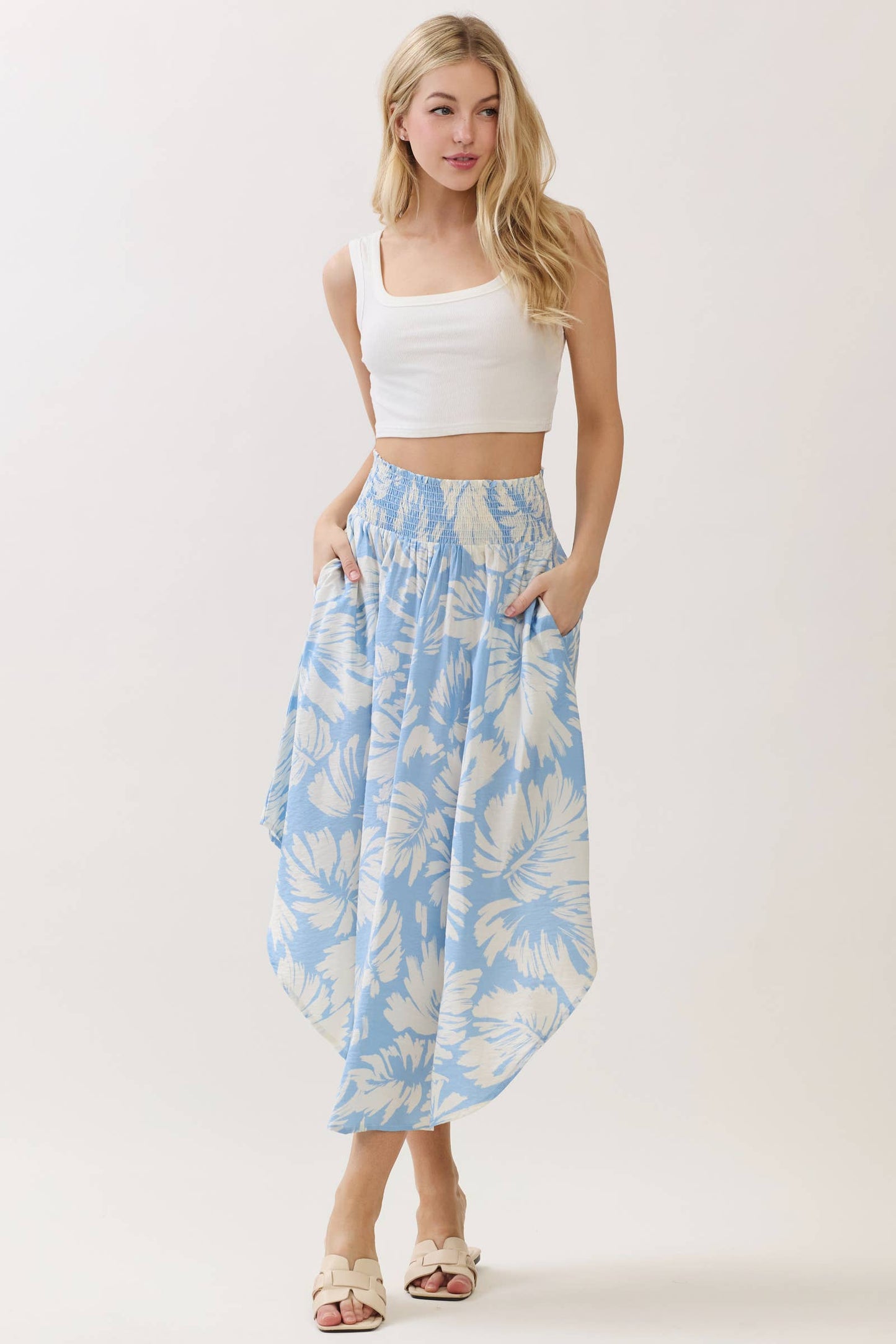 Light Blue Floral Waist Smocked Round Bottom Midi Skirt
