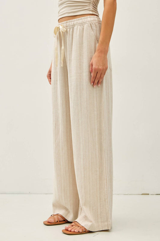 Natural Striped Linen Wide Leg Pants