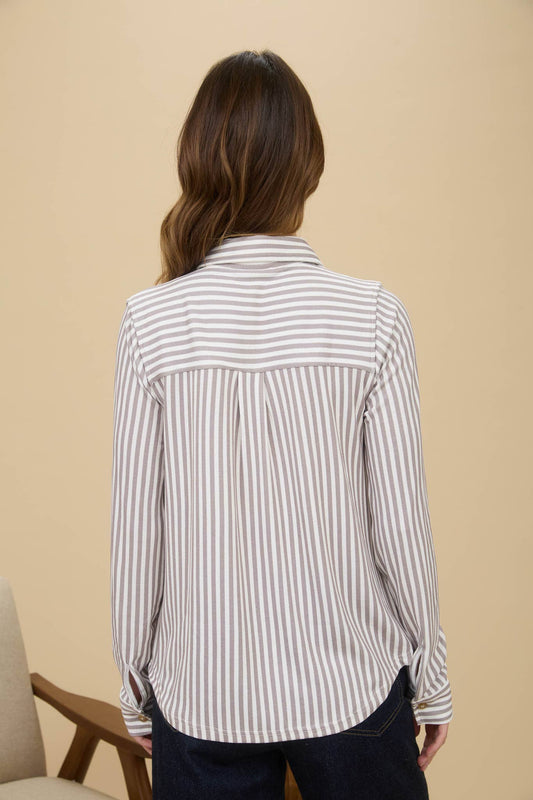 Mocha Striped Collared Long Sleeve Button Down