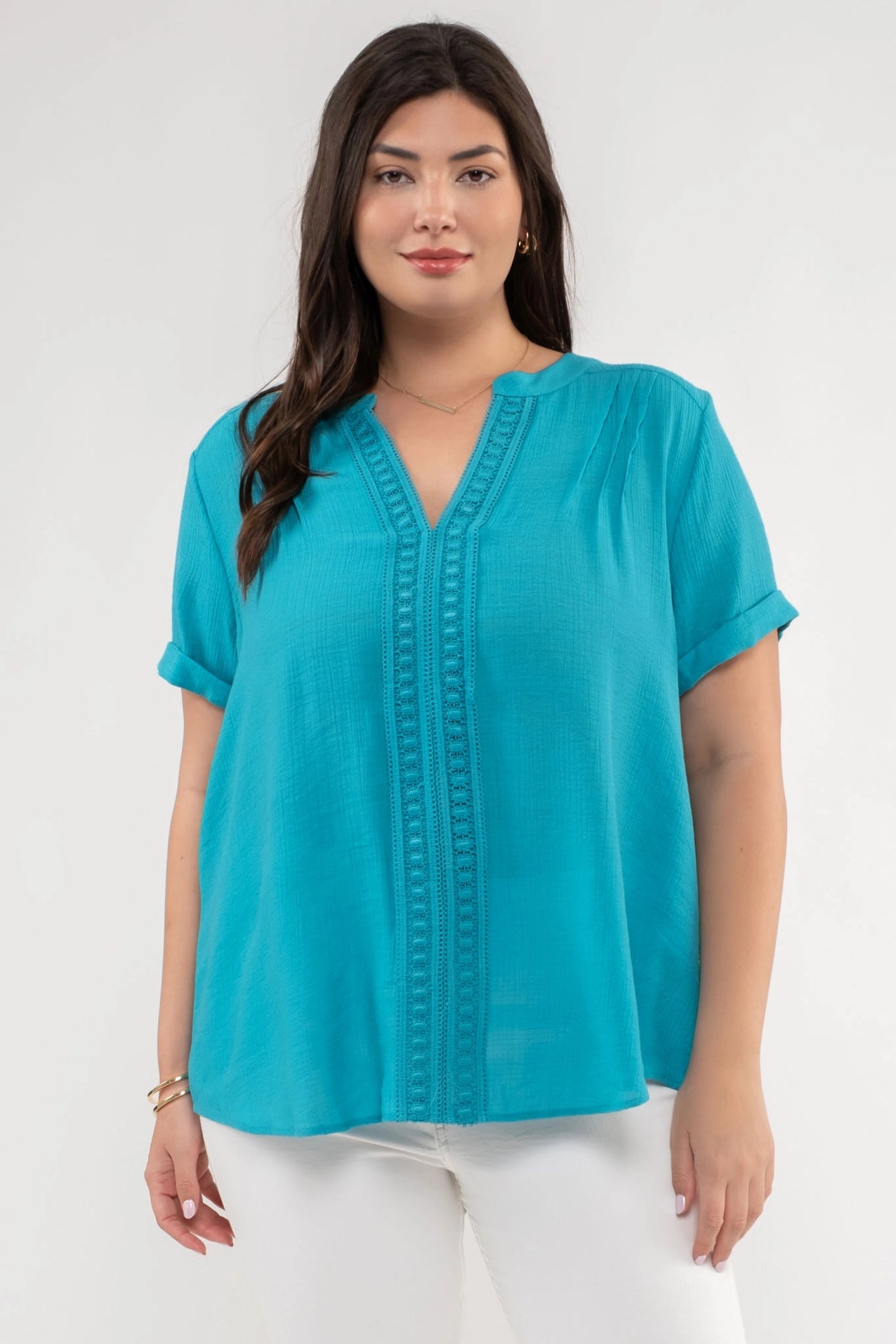 TEAL LACE TRIM BLOUSE