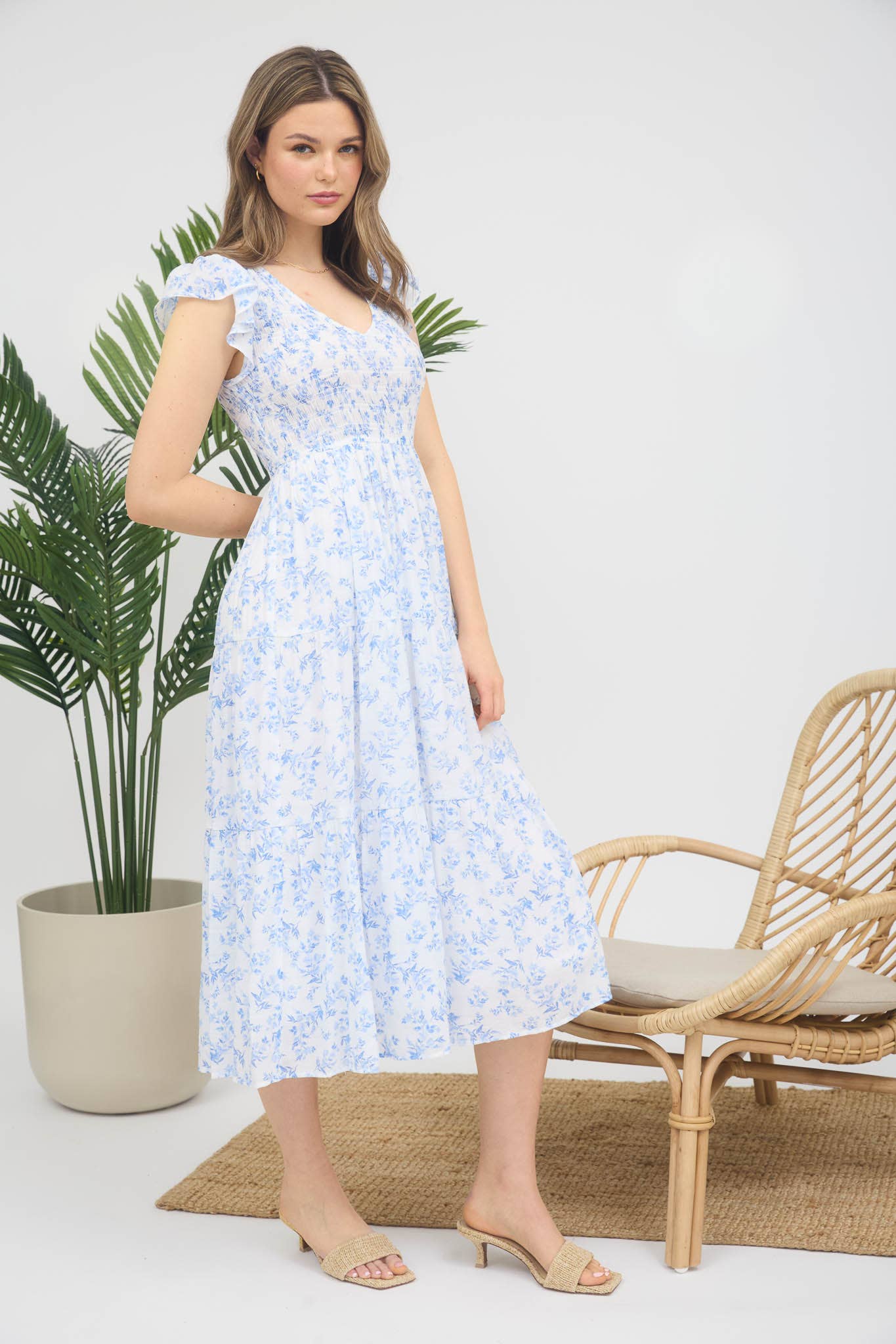 BLUE FLORAL V NECK SMOCKED MIDI DRESS