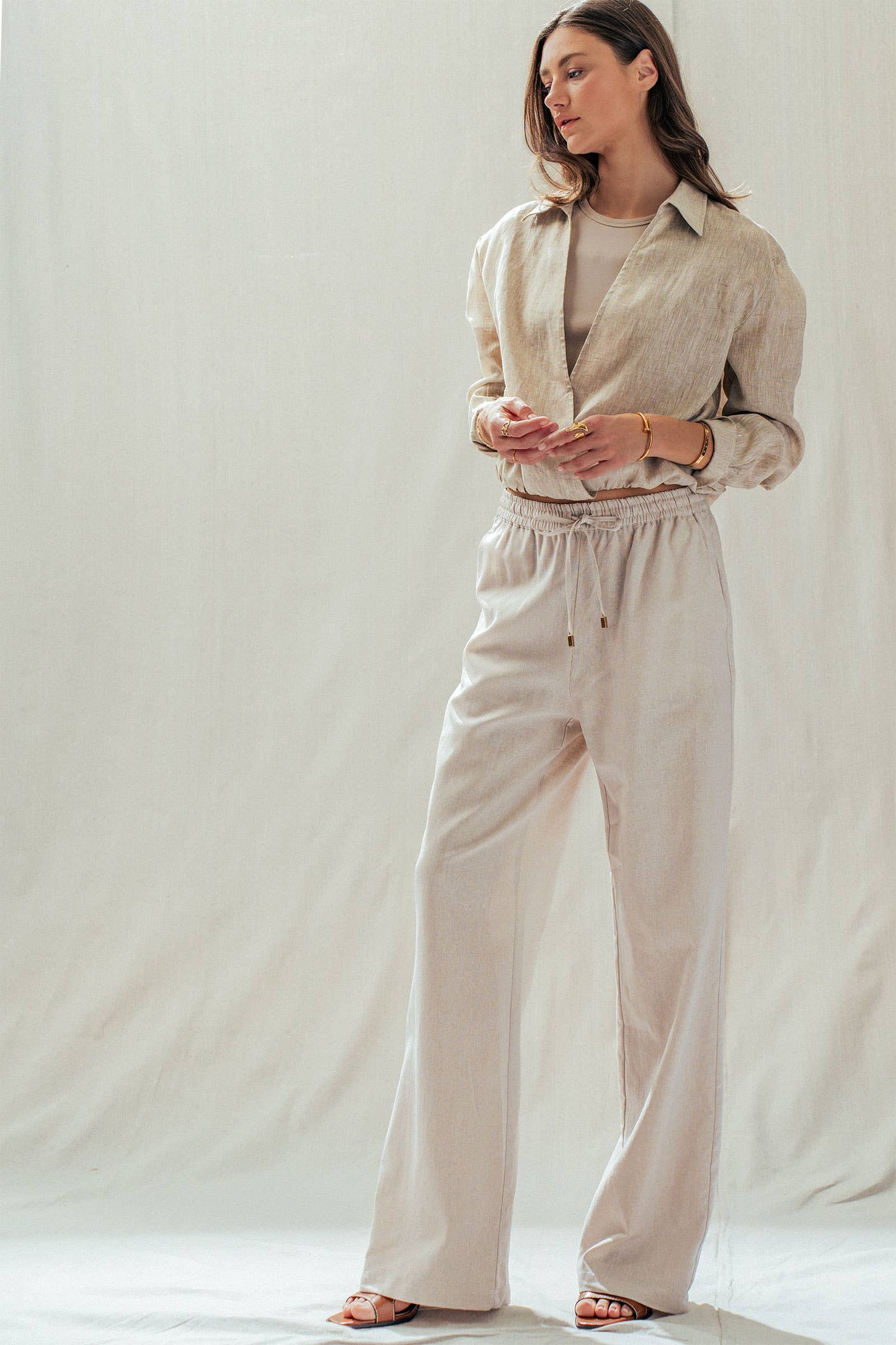 Natural Linen Blend Wide Leg Drawstring Pants