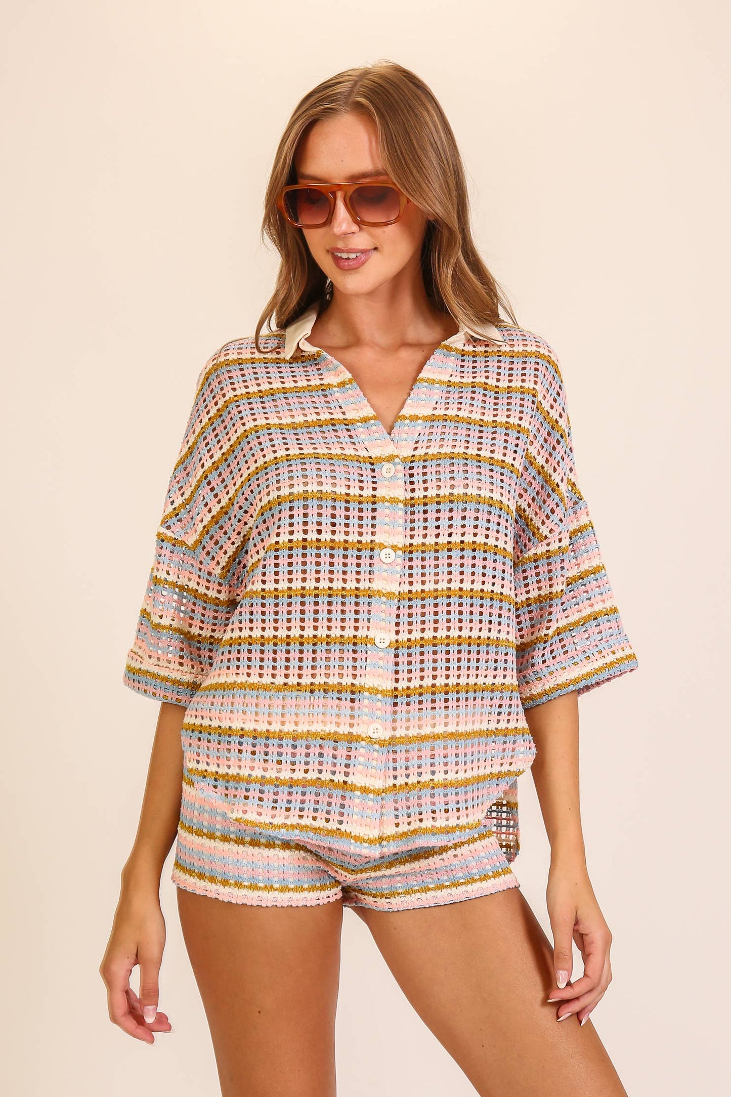 Striped Open-Knit Button Up Short Set