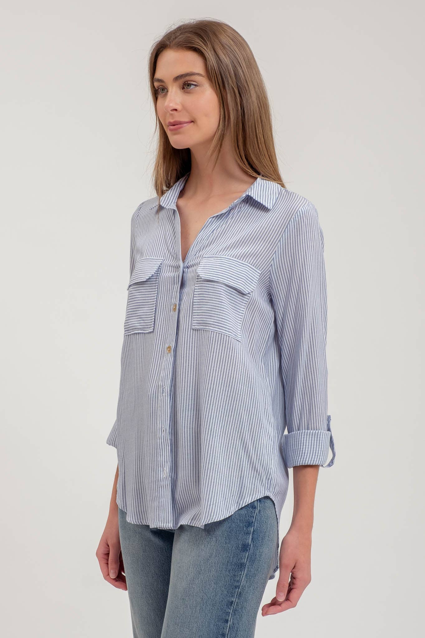 NAVY STRIPED COLLARED BUTTON DOWN WITH POCKETS