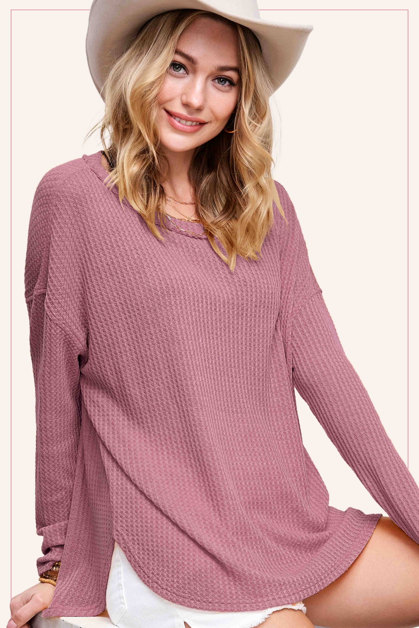 Berry Brushed Waffle Long Sleeve Top