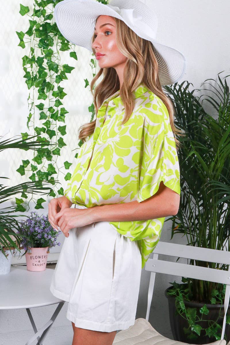 Yellow Satin Collared Floral Blouse