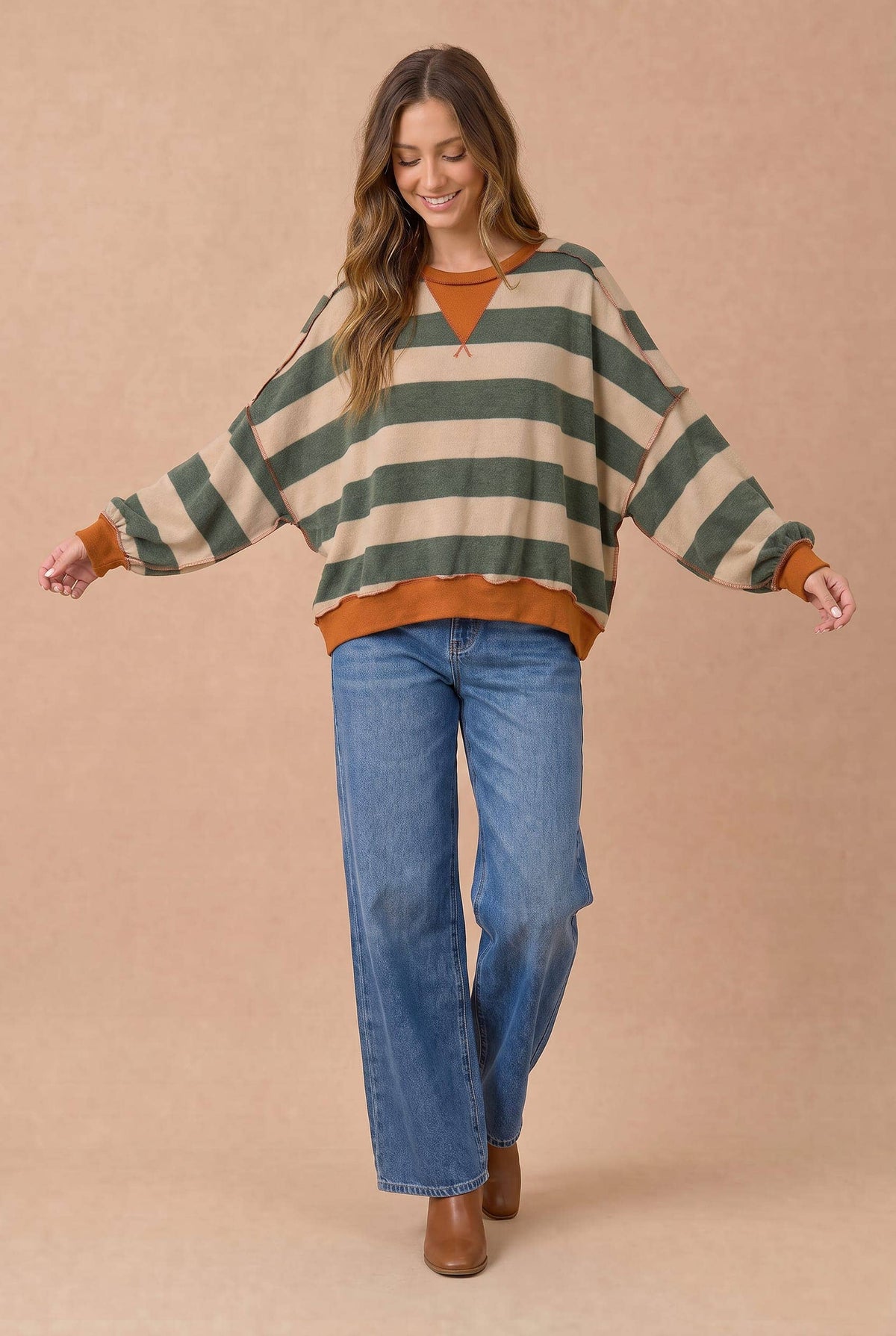 Olive / Rust Striped Color Block Hacci Pullover Top