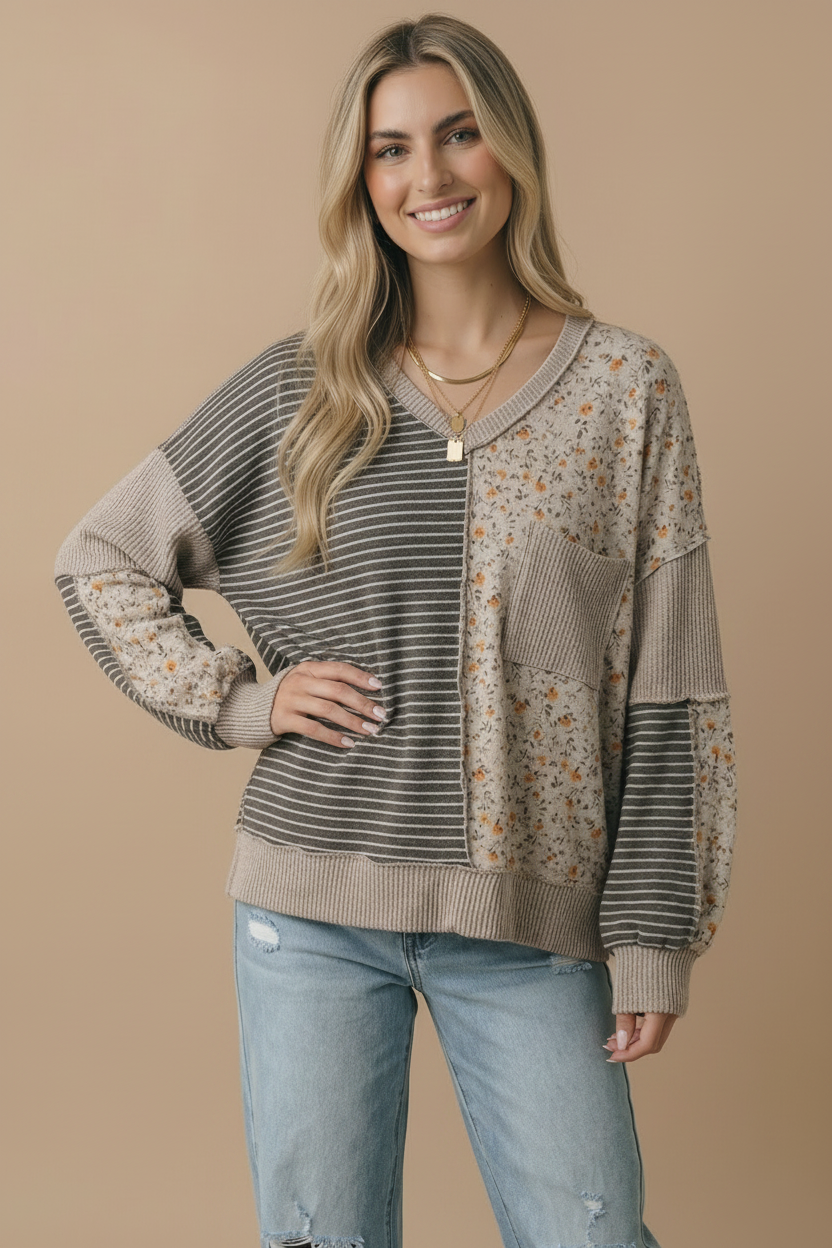 V Neck Color Block Outseam Top