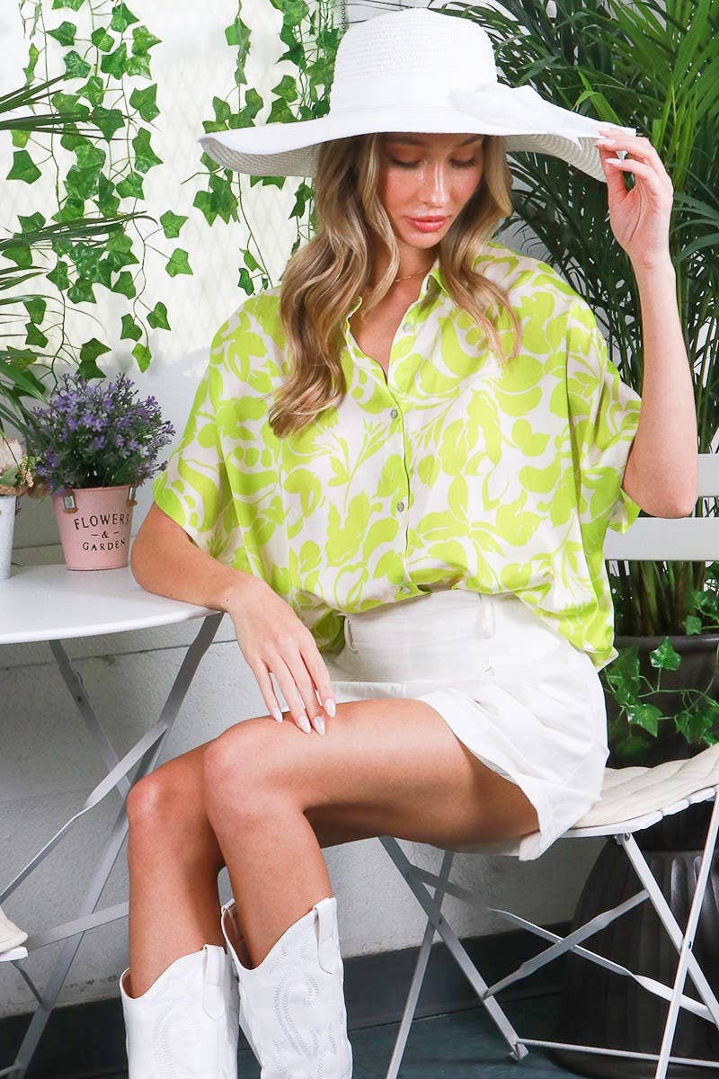 Yellow Satin Collared Floral Blouse