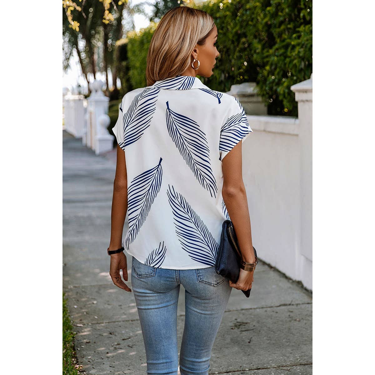 Navy Leaf Print Blouse