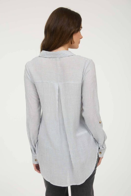 CHARCOAL STRIPED COLLARED BUTTON DOWN WITH POCKETS