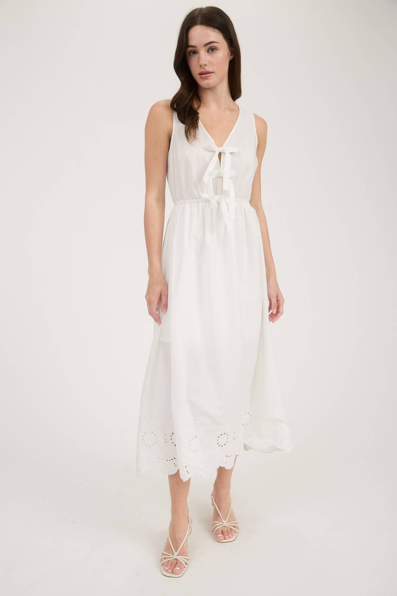 Navy Front Bow Tie Eyelet Hem Dress
