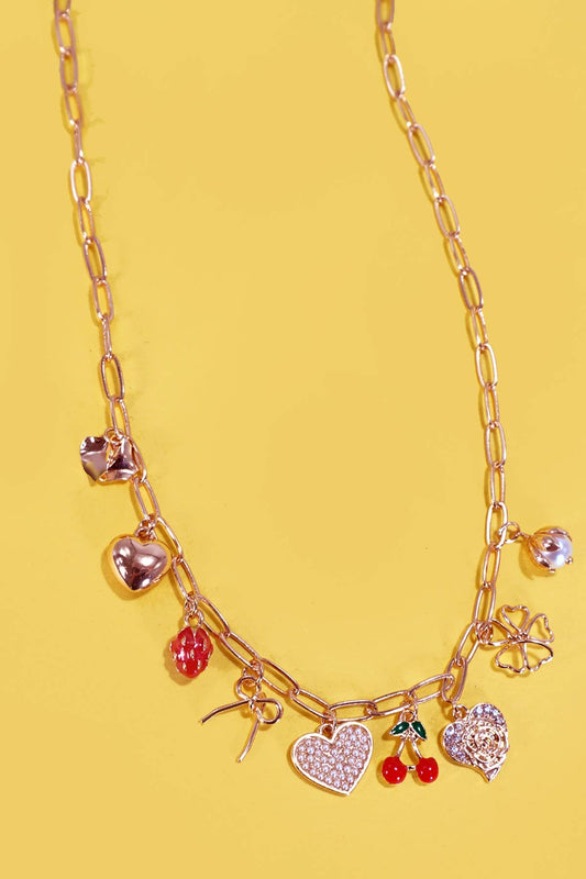 Bow Heart Cherry Charm Necklace