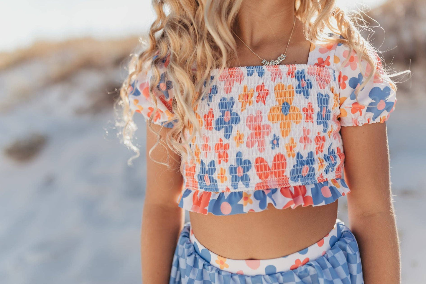 Girls Retro Checkered Flower Power 2 Piece Swimsuit