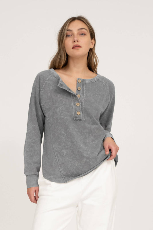 Charcoal Washed Henley Raglan Top