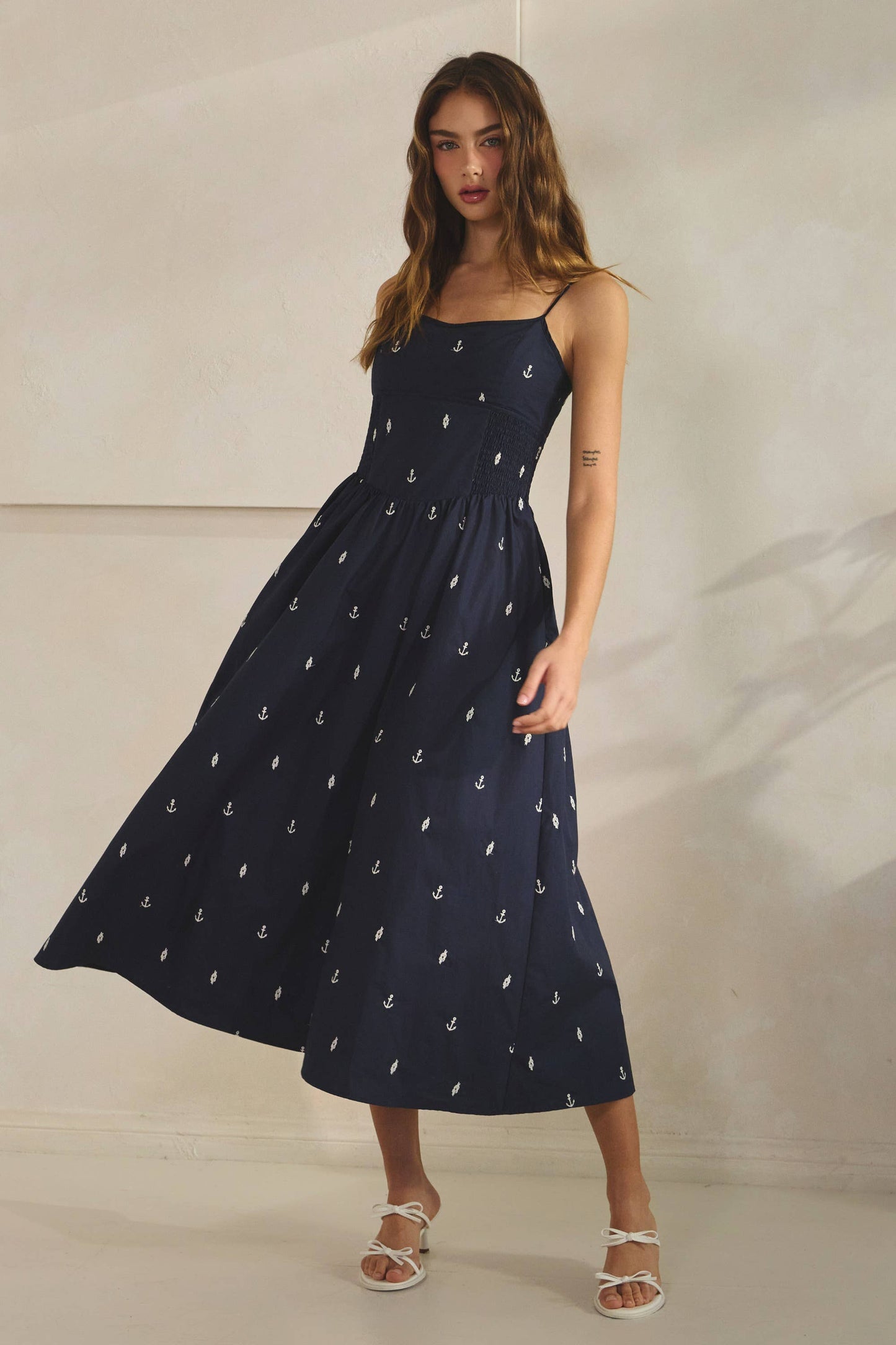 Embroidered Anchor Smocked Maxi Dress