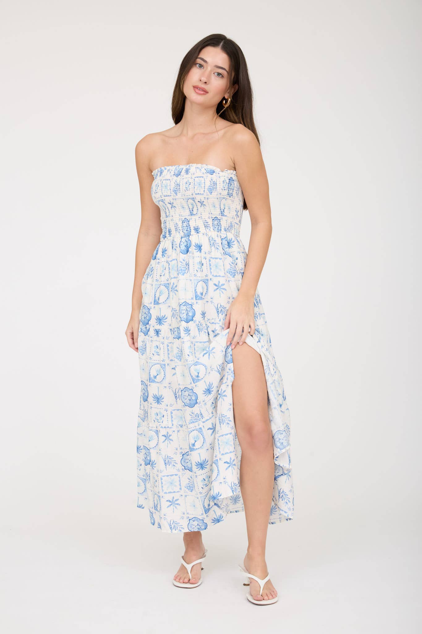 Light Blue Plant Aesthetic Strapless Midi Dress
