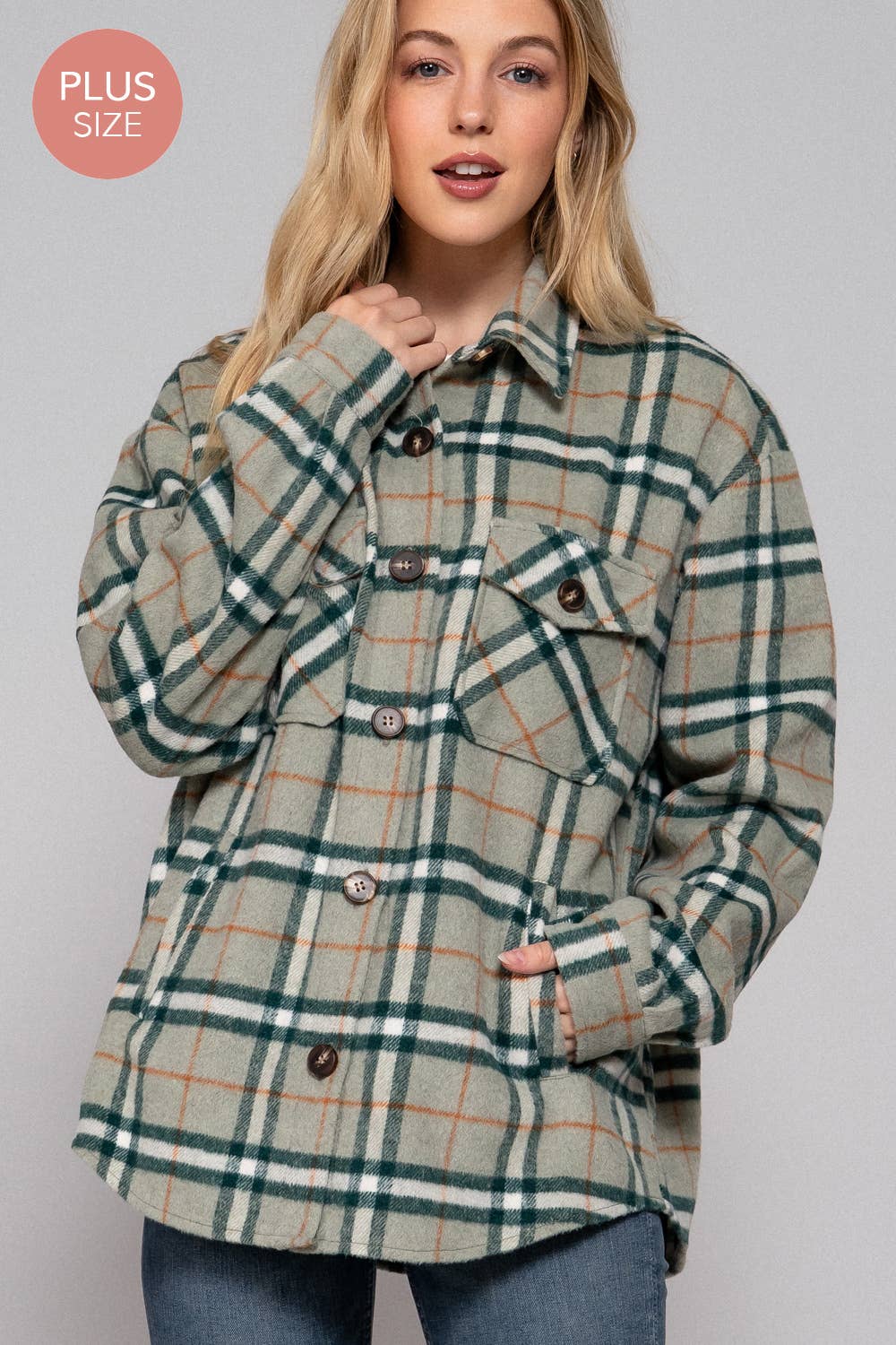 Olive Wool Blend Plaid Button Down Jacket