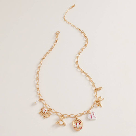 Baseball Pearl Bow Charm Necklace