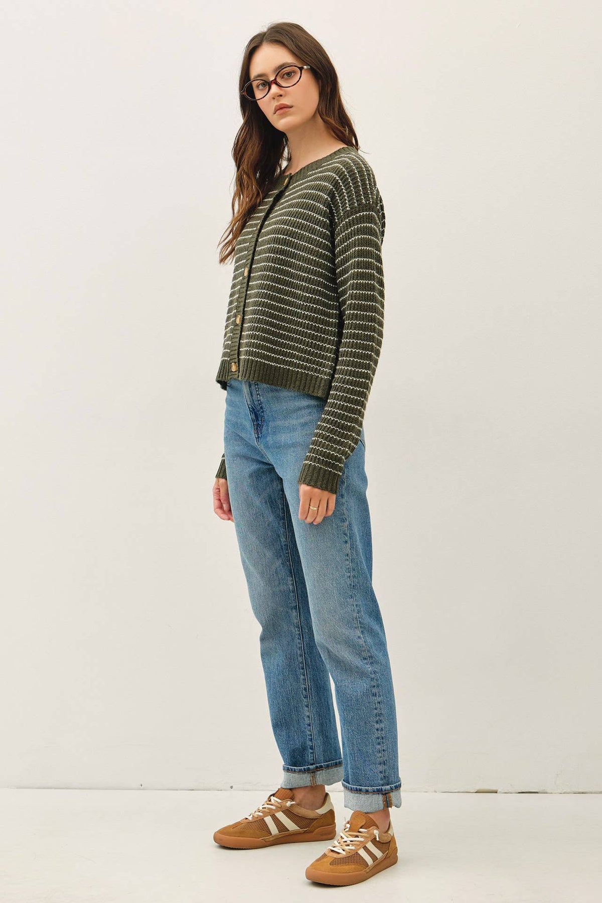 GREEN STRIPED WAFFLE KNIT BOXY CARDIGAN