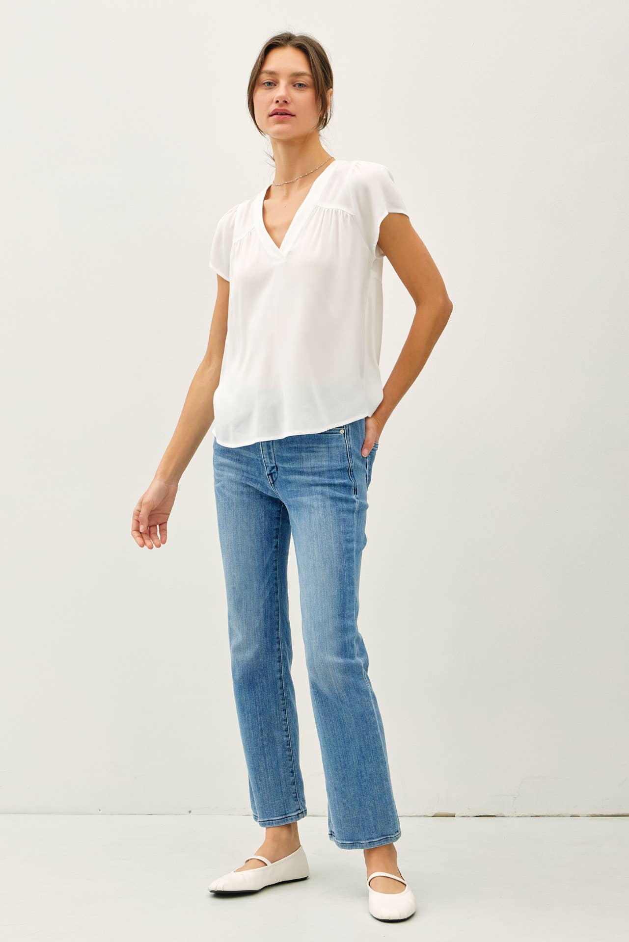 White Flowy Cap Sleeve V-neck Top